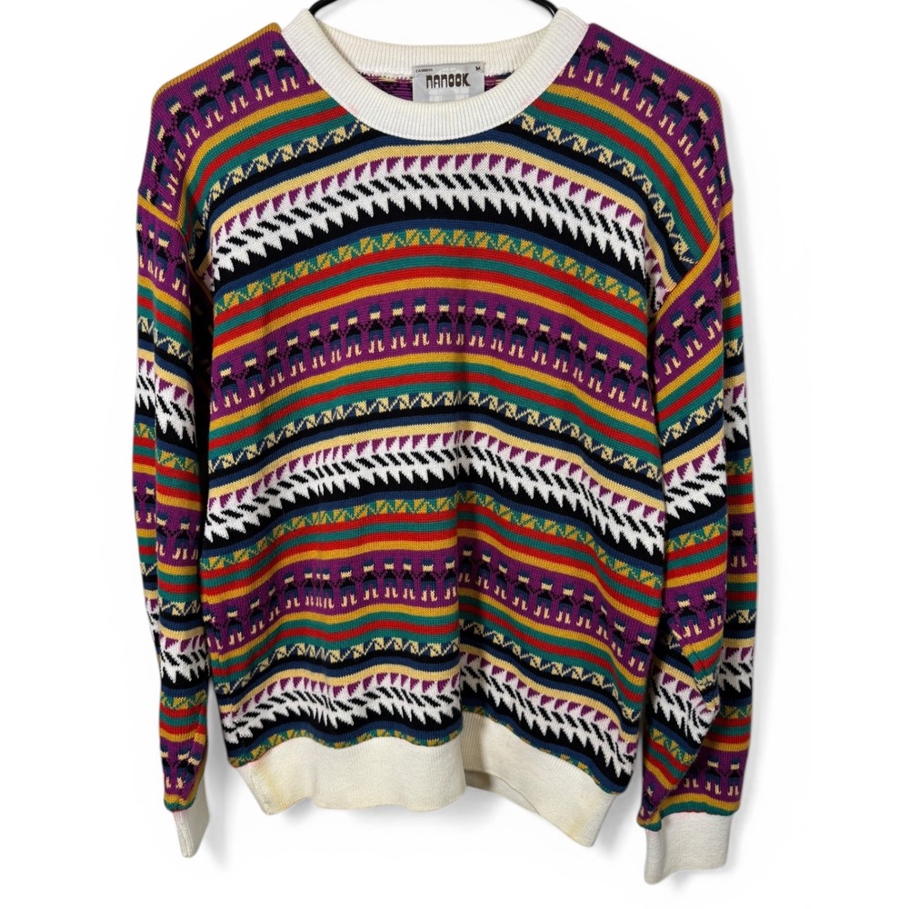 Vintage Nanook Made in Canada Multi-Color Geometric Cotton Knit Sweater Womens M